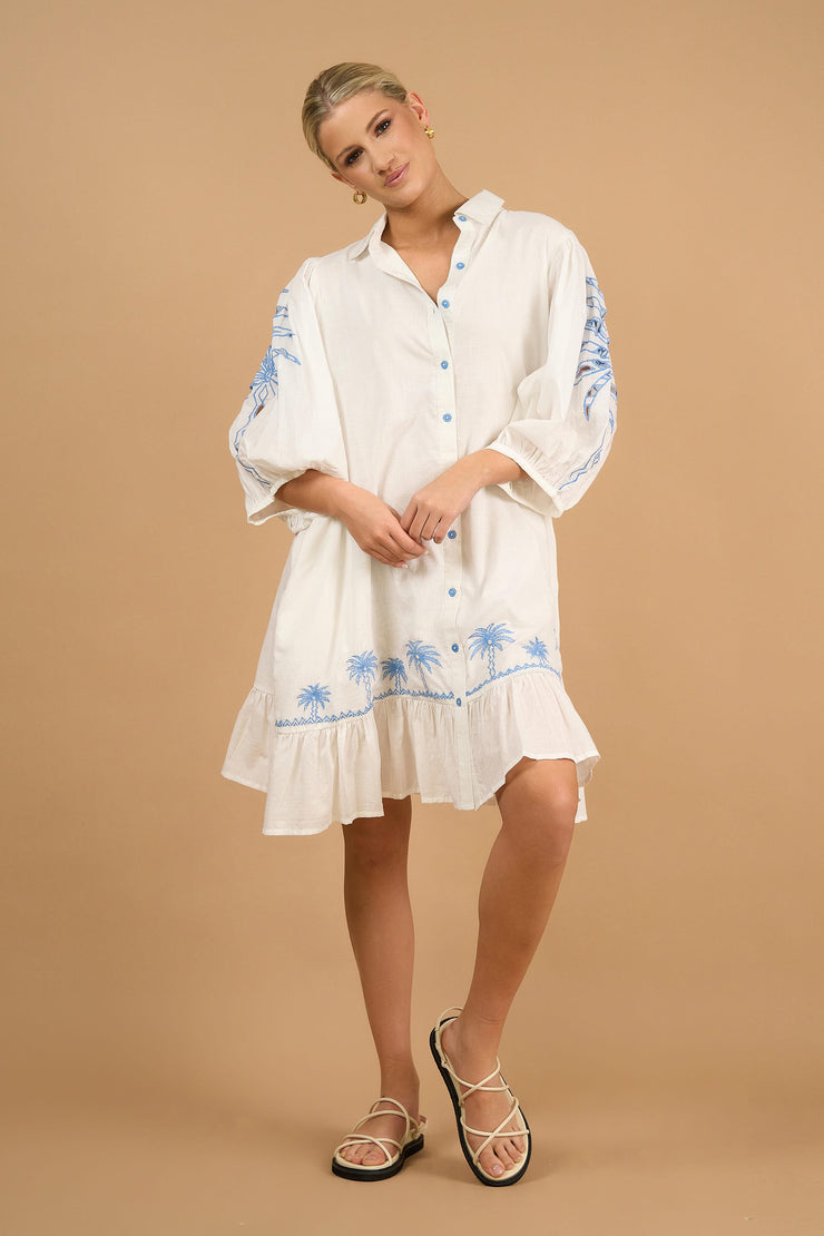 Dress - June White Palm Embroidered