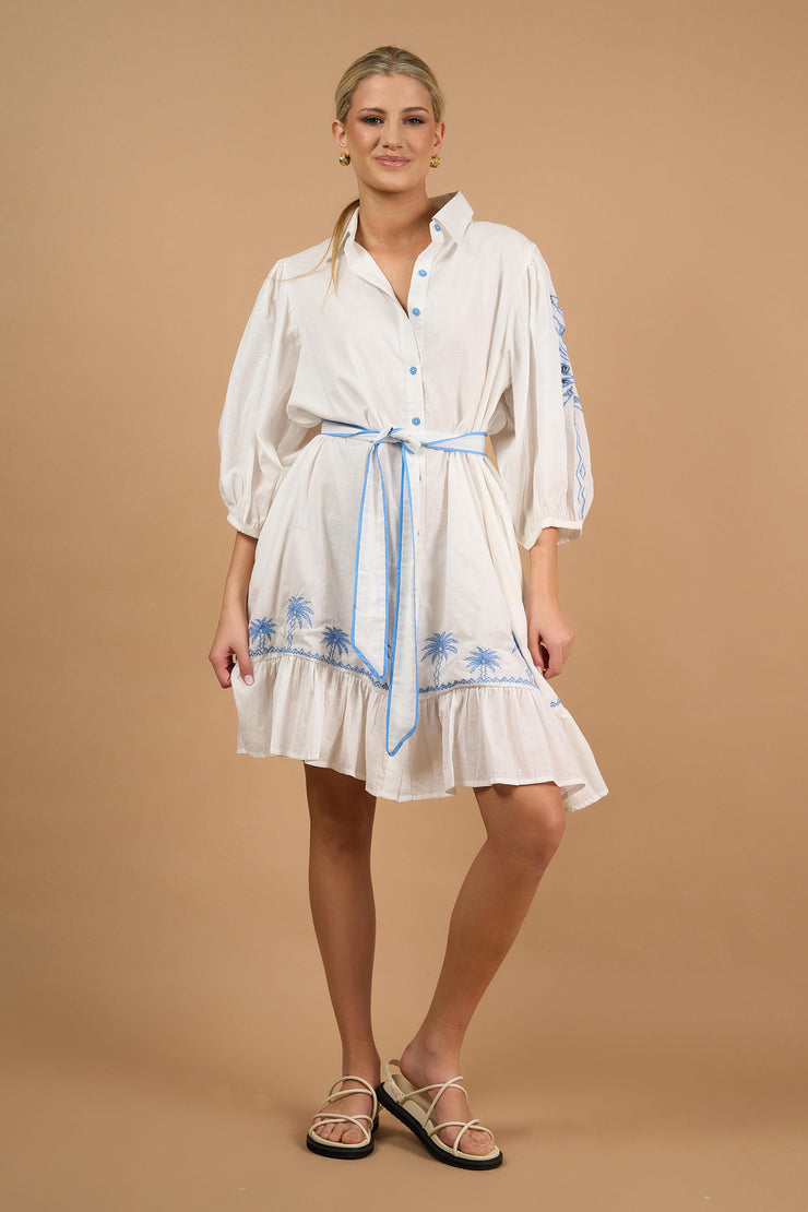 Dress - June White Palm Embroidered