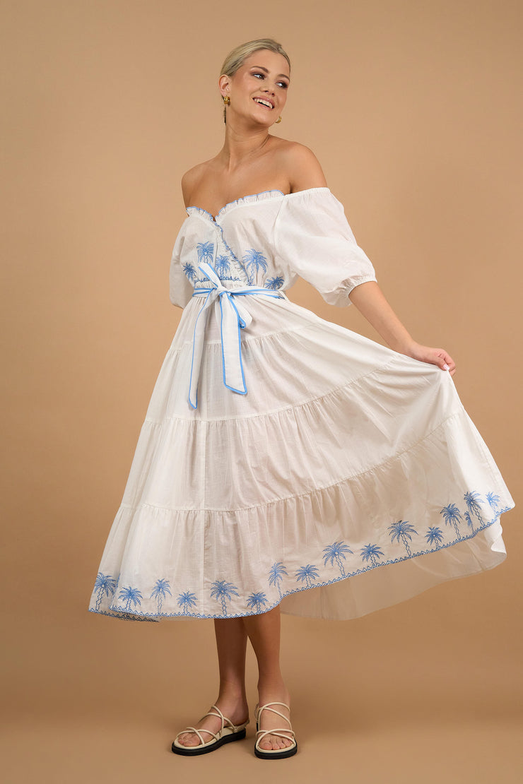 Dress - Bronte White Palm Embroidered