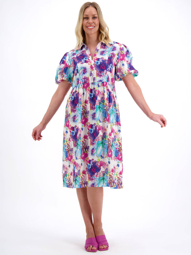 Dress - Puff Sleeve Linen Floral