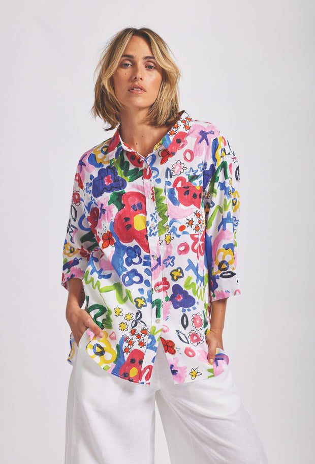 Top - Floral 100% Linen 3/4 SLV Collared Shirt by Wear Colour