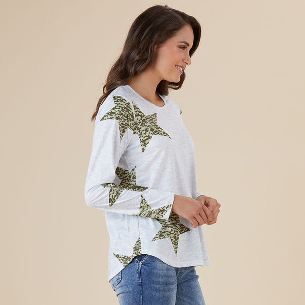 Top - Star Print Long SLV Tee by Threadz